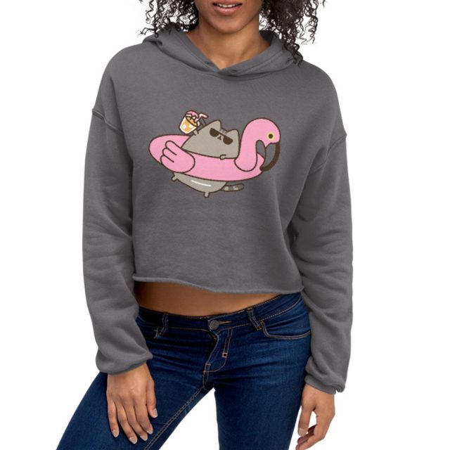 I am Pusheen The Cat Pink Flamingo Floatie Print Crop Hoodie